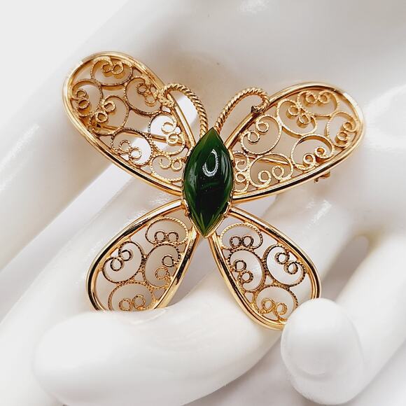 Vintage Gold Filled Butterfly Brooch Green Gemstone Center 1-20 14K GF - Picture 2 of 7
